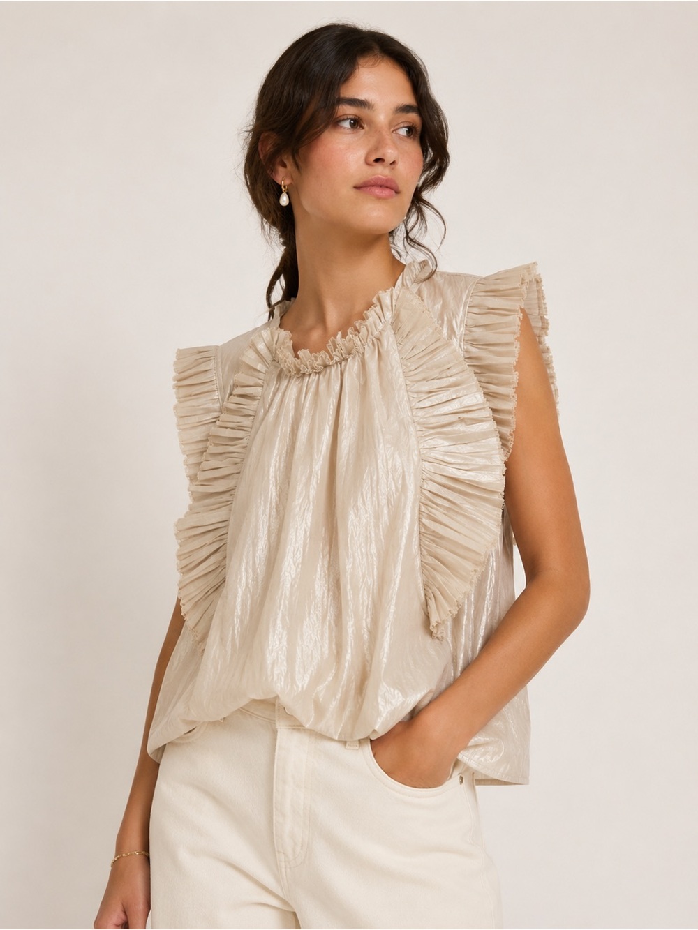 SEA NEW YORK CHAMPAGNE SHIMMER LUMIER BOX PLEAT RUFFLE FEMININE TANK TOP SZ 10